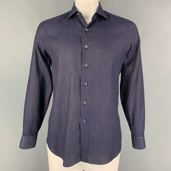 FINAMORE Size L Navy White Dots Cotton Button Up Long Sleeve Shirt - Picture 1 of 5